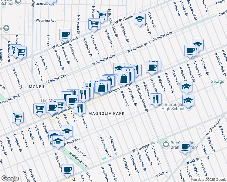 map of restaurants, bars, coffee shops, grocery stores, and more near Magnolia Blvd & N Florence St in Burbank