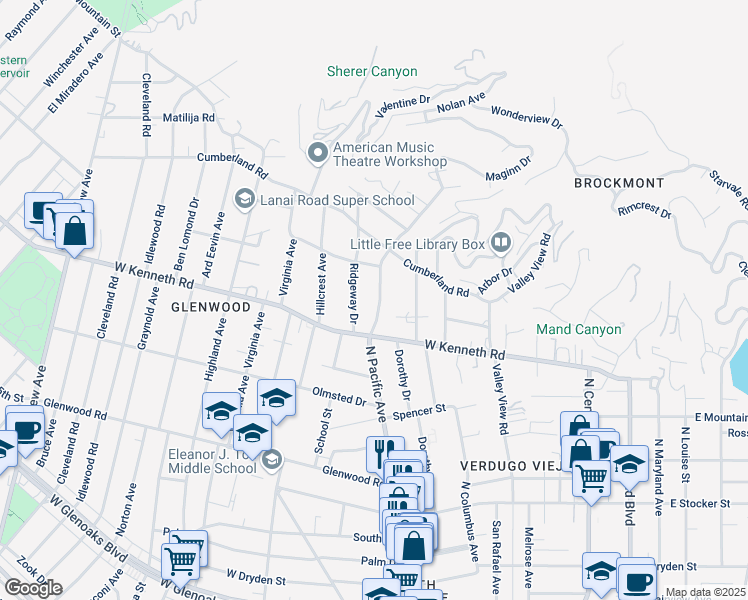 map of restaurants, bars, coffee shops, grocery stores, and more near 1535 North Pacific Avenue in Glendale