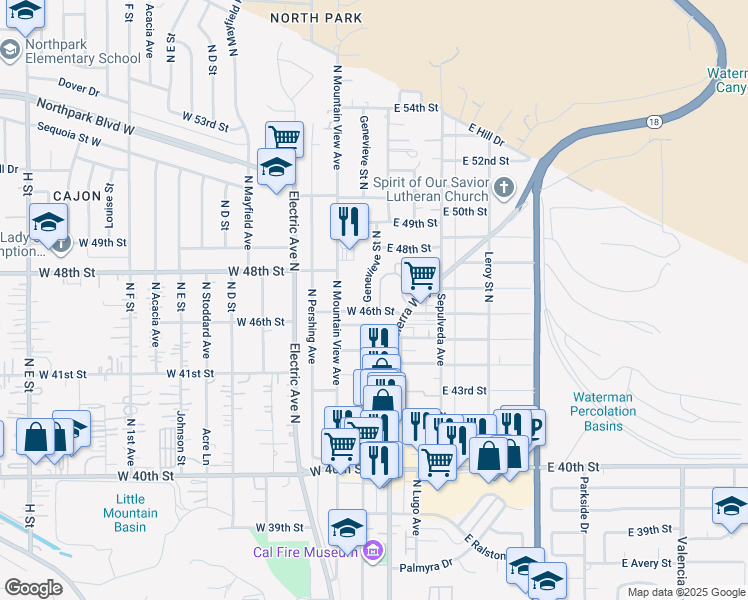 map of restaurants, bars, coffee shops, grocery stores, and more near 4717 Brentwood Lane in San Bernardino
