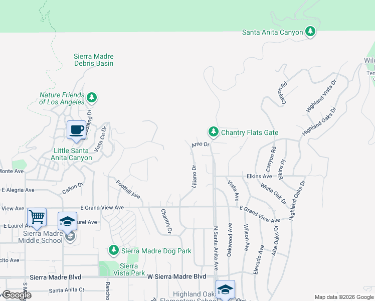 map of restaurants, bars, coffee shops, grocery stores, and more near 2087 Liliano Drive in Sierra Madre