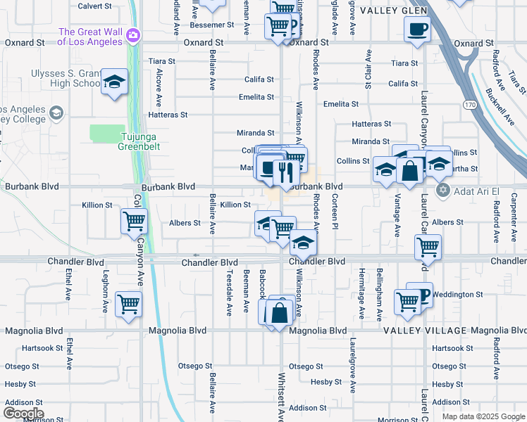 map of restaurants, bars, coffee shops, grocery stores, and more near 12547 Killion Street in Los Angeles
