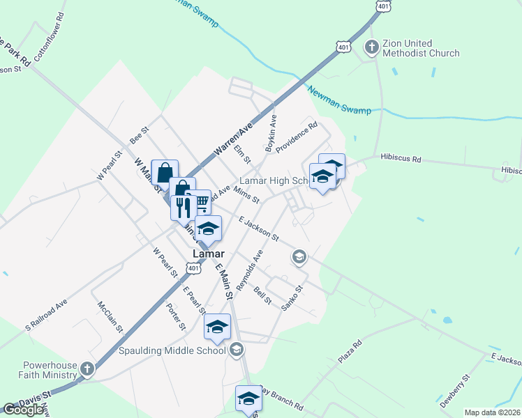 map of restaurants, bars, coffee shops, grocery stores, and more near 214 North Darlington Avenue in Lamar