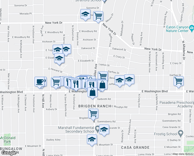 map of restaurants, bars, coffee shops, grocery stores, and more near 1440 Allen Avenue in Pasadena