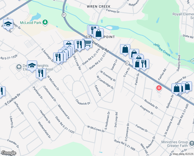 map of restaurants, bars, coffee shops, grocery stores, and more near 2217 West Cambridge Drive in Florence
