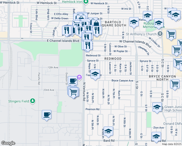 map of restaurants, bars, coffee shops, grocery stores, and more near 3138 Napa Street in Oxnard
