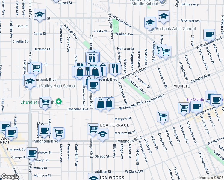 map of restaurants, bars, coffee shops, grocery stores, and more near 5552 Strohm Avenue in Los Angeles