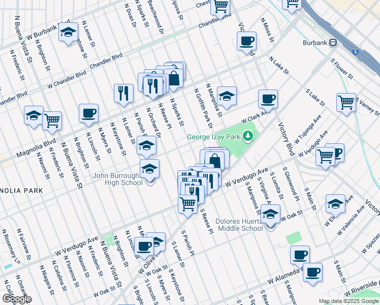 map of restaurants, bars, coffee shops, grocery stores, and more near 233 North Sparks Street in Burbank