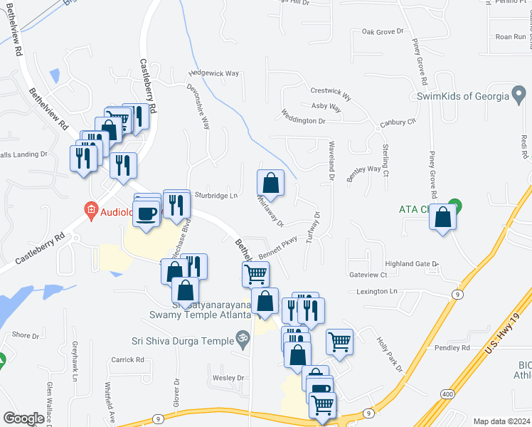 map of restaurants, bars, coffee shops, grocery stores, and more near 6325 Whirlaway Drive in Cumming
