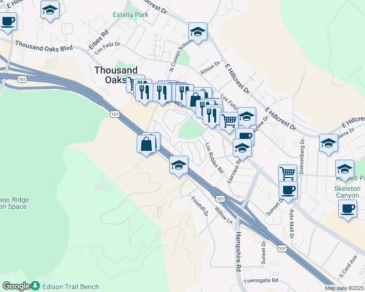 map of restaurants, bars, coffee shops, grocery stores, and more near 2399 Thunderbird Drive in Thousand Oaks