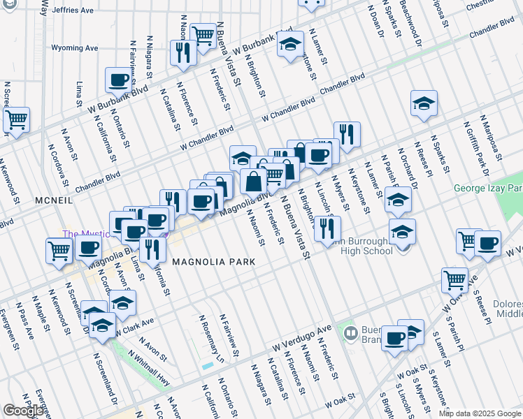 map of restaurants, bars, coffee shops, grocery stores, and more near 735 North Frederic Street in Burbank