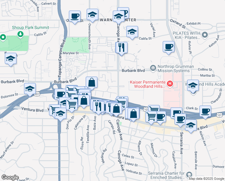 map of restaurants, bars, coffee shops, grocery stores, and more near 5535 Canoga Avenue in Los Angeles