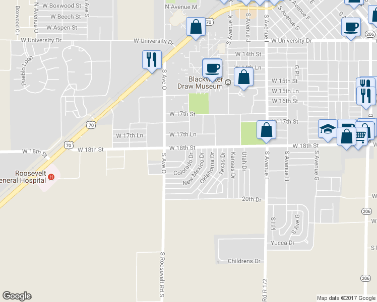 map of restaurants, bars, coffee shops, grocery stores, and more near 104 Colorado Drive in Portales