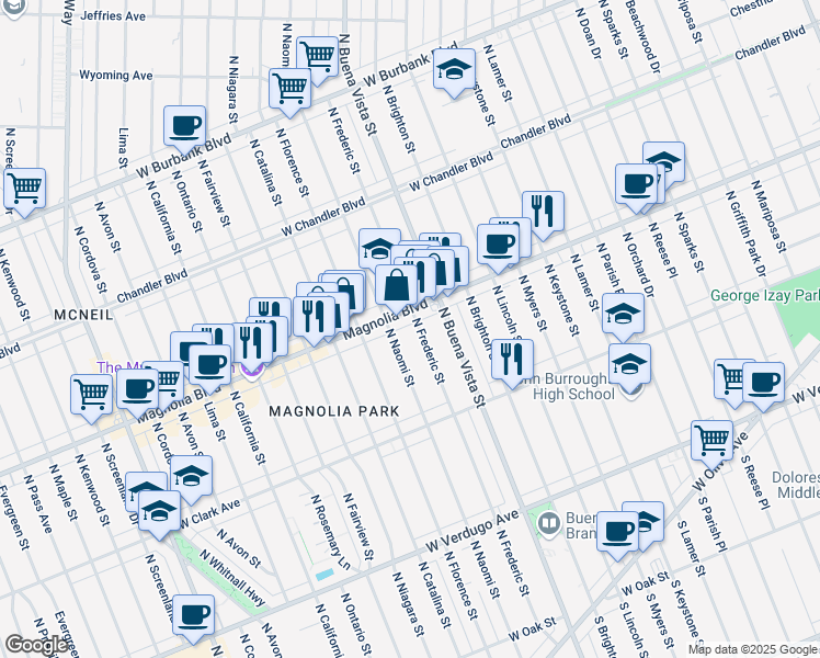 map of restaurants, bars, coffee shops, grocery stores, and more near 737 North Frederic Street in Burbank