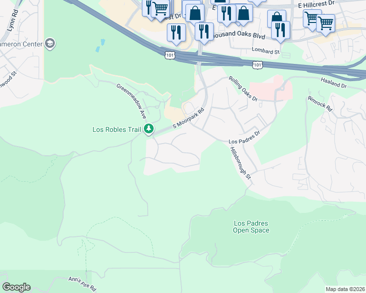 map of restaurants, bars, coffee shops, grocery stores, and more near 11 Inverness Road in Thousand Oaks