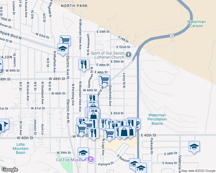 map of restaurants, bars, coffee shops, grocery stores, and more near 4674 Sepulveda Avenue in San Bernardino