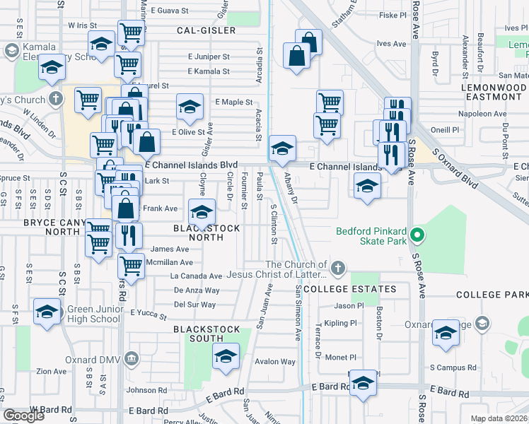 map of restaurants, bars, coffee shops, grocery stores, and more near 3100 Paula Street in Oxnard