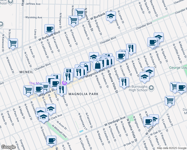 map of restaurants, bars, coffee shops, grocery stores, and more near 2712 West Magnolia Boulevard in Burbank