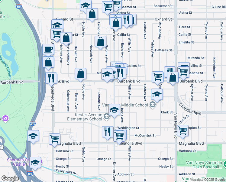 map of restaurants, bars, coffee shops, grocery stores, and more near 5521 Kester Avenue in Los Angeles