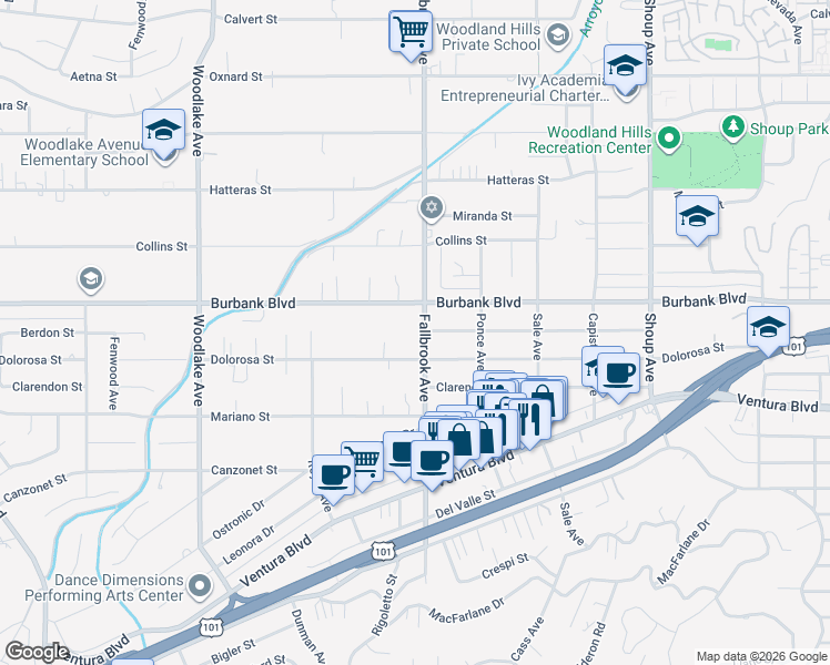 map of restaurants, bars, coffee shops, grocery stores, and more near 5529 Fallbrook Avenue in Los Angeles
