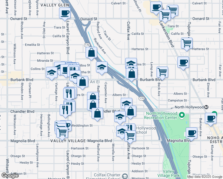 map of restaurants, bars, coffee shops, grocery stores, and more near 5519 Morella Avenue in Los Angeles
