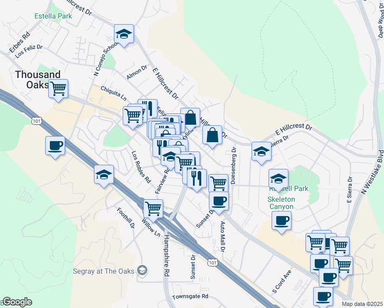 map of restaurants, bars, coffee shops, grocery stores, and more near 100 North Skyline Drive in Thousand Oaks