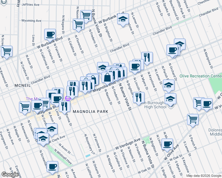 map of restaurants, bars, coffee shops, grocery stores, and more near 737 North Frederic Street in Burbank