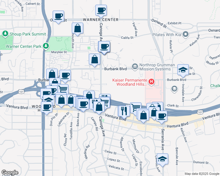 map of restaurants, bars, coffee shops, grocery stores, and more near Julianna Ln in Los Angeles