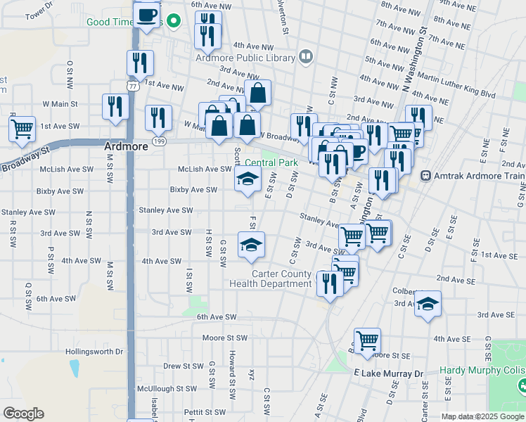 map of restaurants, bars, coffee shops, grocery stores, and more near 511 Stanley Avenue Southwest in Ardmore