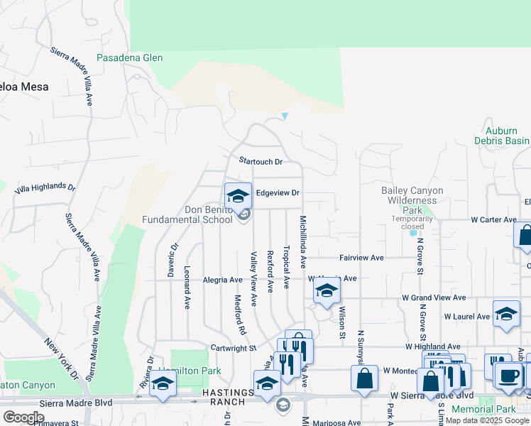 map of restaurants, bars, coffee shops, grocery stores, and more near 3765 Denair Street in Pasadena