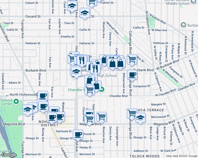 map of restaurants, bars, coffee shops, grocery stores, and more near 10816 Burbank Boulevard in Los Angeles