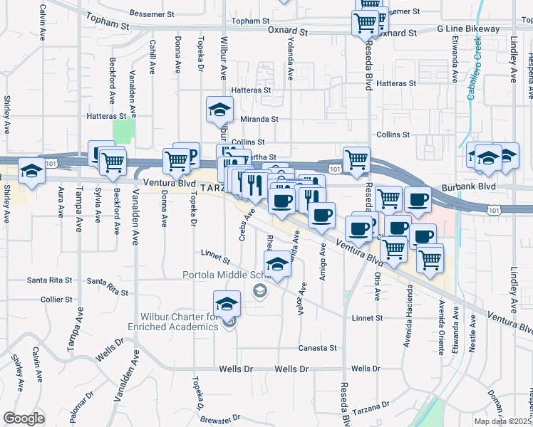 map of restaurants, bars, coffee shops, grocery stores, and more near 18745 Ventura Boulevard in Los Angeles