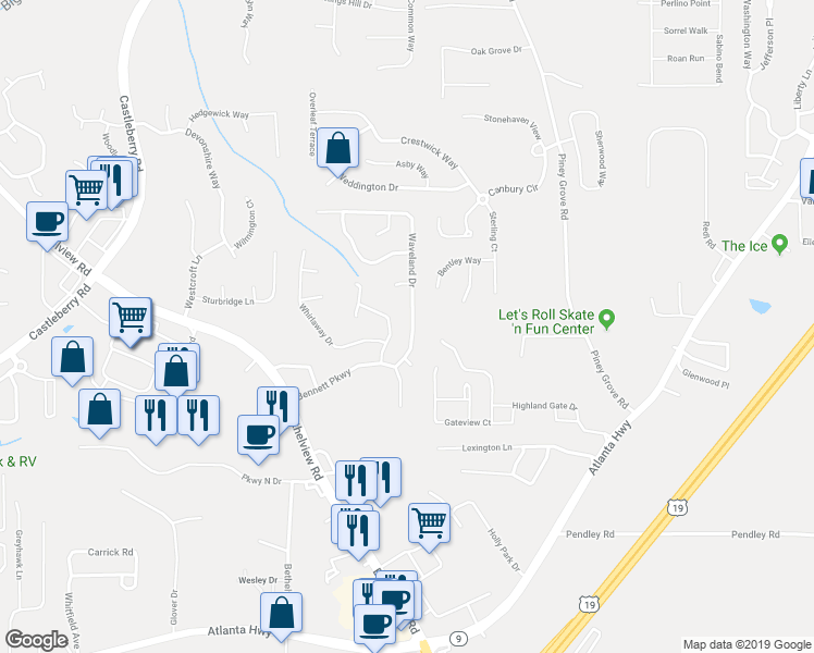 map of restaurants, bars, coffee shops, grocery stores, and more near 6265 Waveland Drive in Cumming