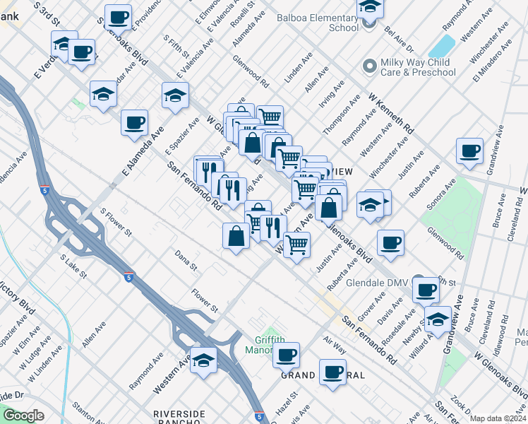 map of restaurants, bars, coffee shops, grocery stores, and more near 1063 Thompson Avenue in Glendale