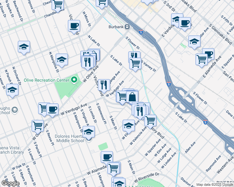 map of restaurants, bars, coffee shops, grocery stores, and more near 250 West Verdugo Avenue in Burbank