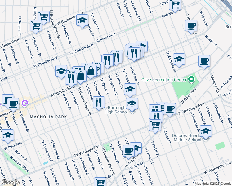 map of restaurants, bars, coffee shops, grocery stores, and more near 443 North Lamer Street in Burbank
