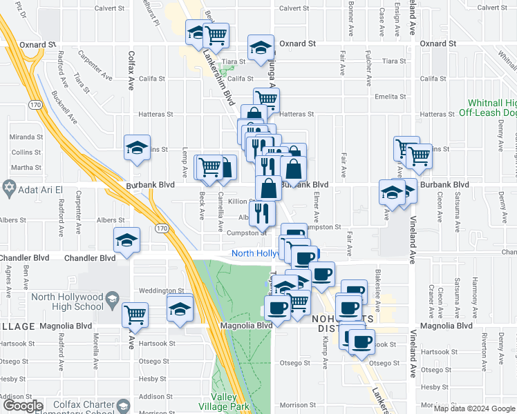 map of restaurants, bars, coffee shops, grocery stores, and more near 11425 Killion Street in Los Angeles