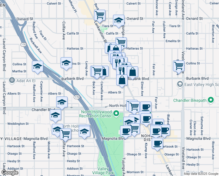 map of restaurants, bars, coffee shops, grocery stores, and more near 11473 Killion Street in Los Angeles