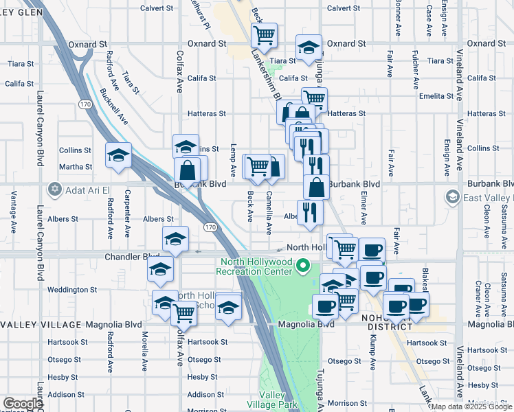 map of restaurants, bars, coffee shops, grocery stores, and more near 11521 Killion Street in Los Angeles