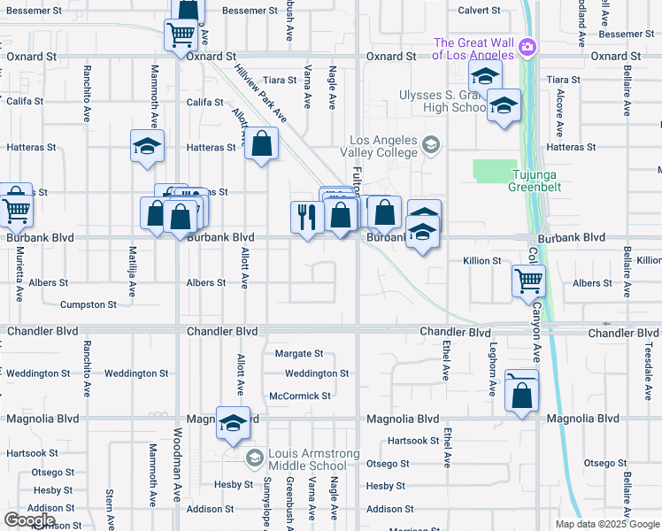 map of restaurants, bars, coffee shops, grocery stores, and more near 13329 Killion Street in Los Angeles