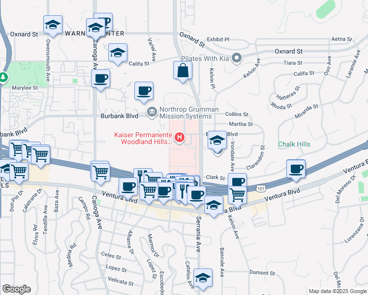 map of restaurants, bars, coffee shops, grocery stores, and more near 5601 De Soto Avenue in Los Angeles