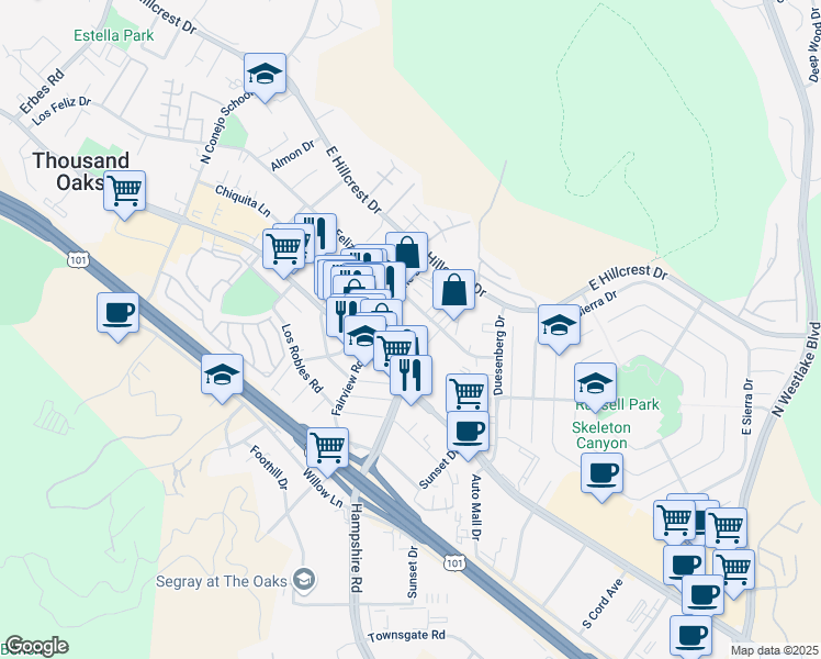 map of restaurants, bars, coffee shops, grocery stores, and more near 100 North Skyline Drive in Thousand Oaks