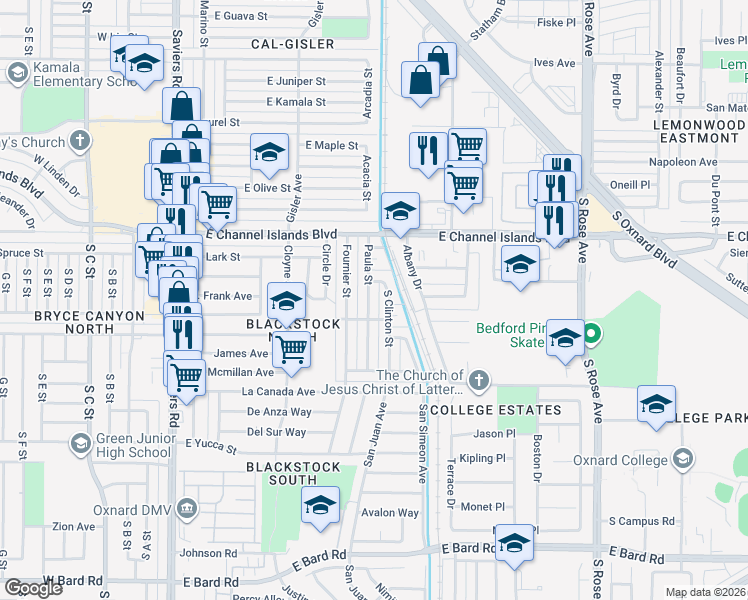 map of restaurants, bars, coffee shops, grocery stores, and more near 3100 Paula Street in Oxnard