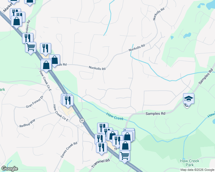 map of restaurants, bars, coffee shops, grocery stores, and more near 2562 Pearl Fowler Road in Cumming