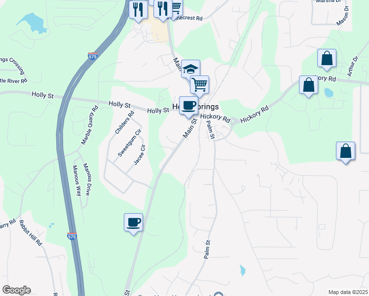 map of restaurants, bars, coffee shops, grocery stores, and more near 3430 Holly Springs Parkway in Holly Springs