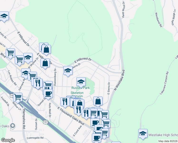 map of restaurants, bars, coffee shops, grocery stores, and more near 3126 West Adirondack Court in Westlake Village