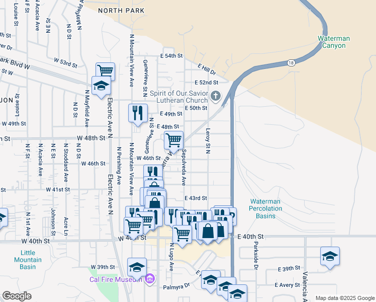 map of restaurants, bars, coffee shops, grocery stores, and more near 4675 Sepulveda Avenue in San Bernardino