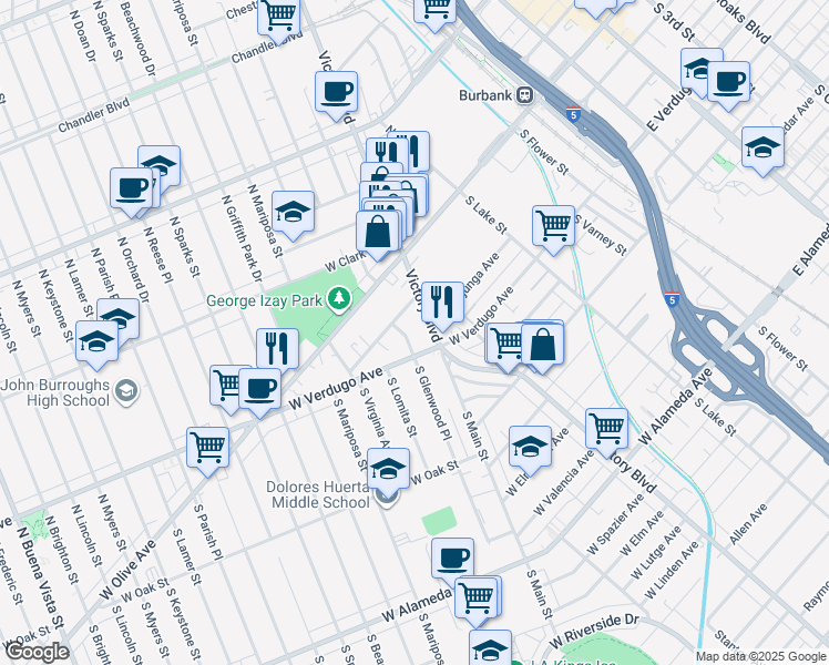 map of restaurants, bars, coffee shops, grocery stores, and more near 223 1/2 South Victory Boulevard in Burbank