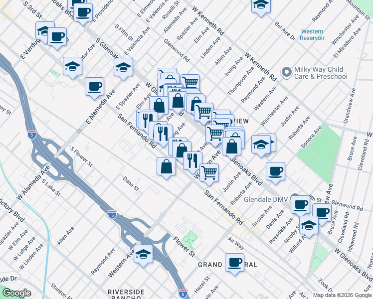 map of restaurants, bars, coffee shops, grocery stores, and more near 1063 Thompson Avenue in Glendale