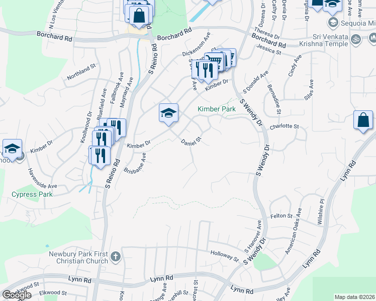 map of restaurants, bars, coffee shops, grocery stores, and more near 423 Highview Street in Thousand Oaks