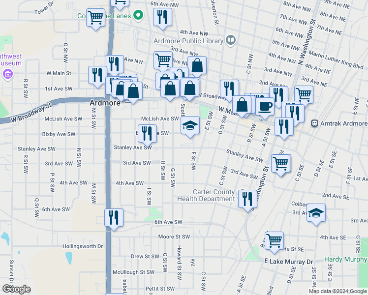 map of restaurants, bars, coffee shops, grocery stores, and more near 615 Stanley Avenue Southwest in Ardmore